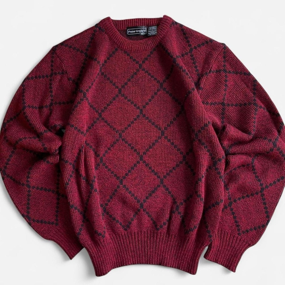 Vintage Peter England Red Black Argyle Knit Crewneck Pullover Sweater L
